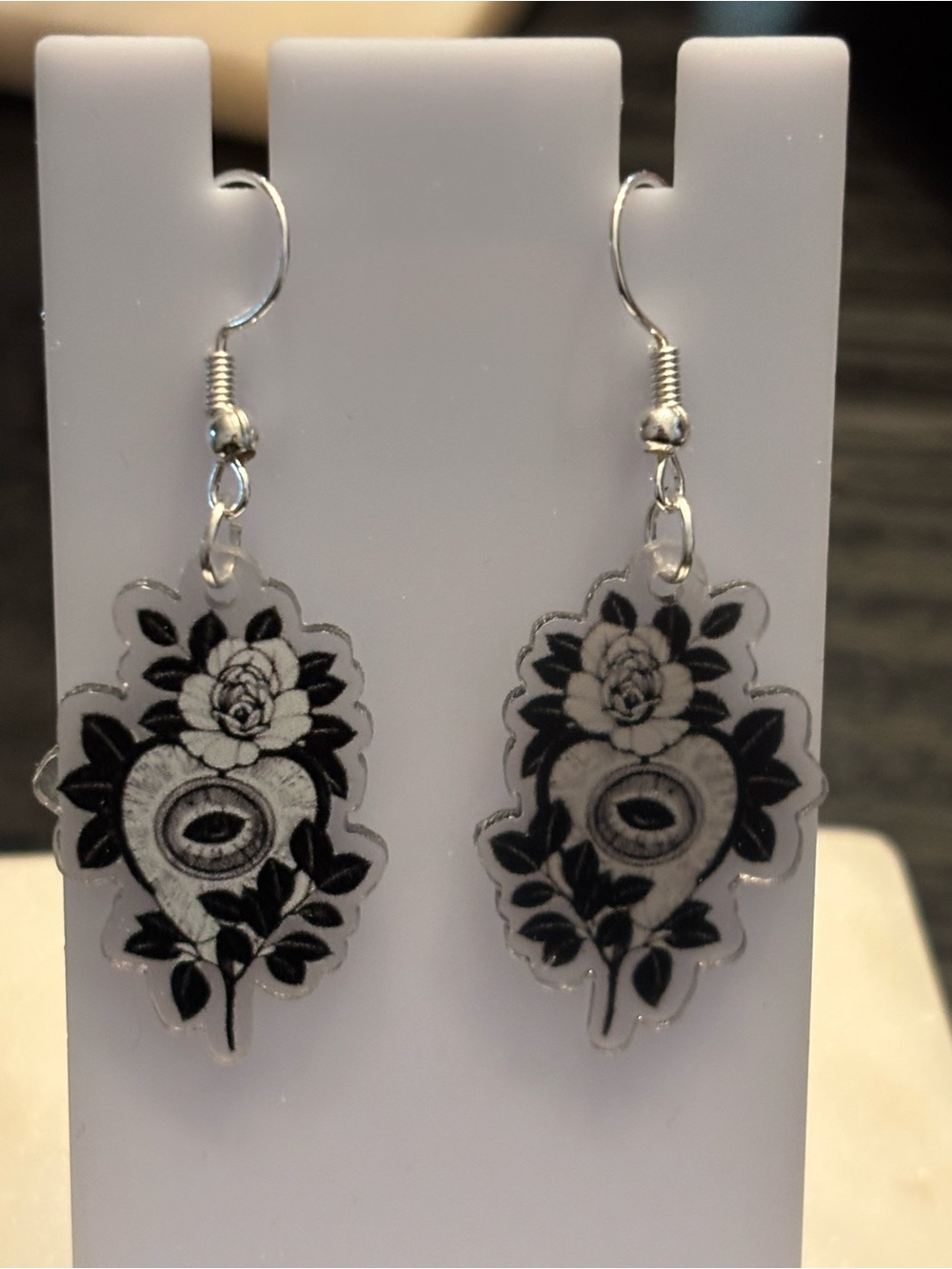 Title: Ouija Planchette Eye Acrylic Dangle Earrings | Occult Heart Pointer | Sil